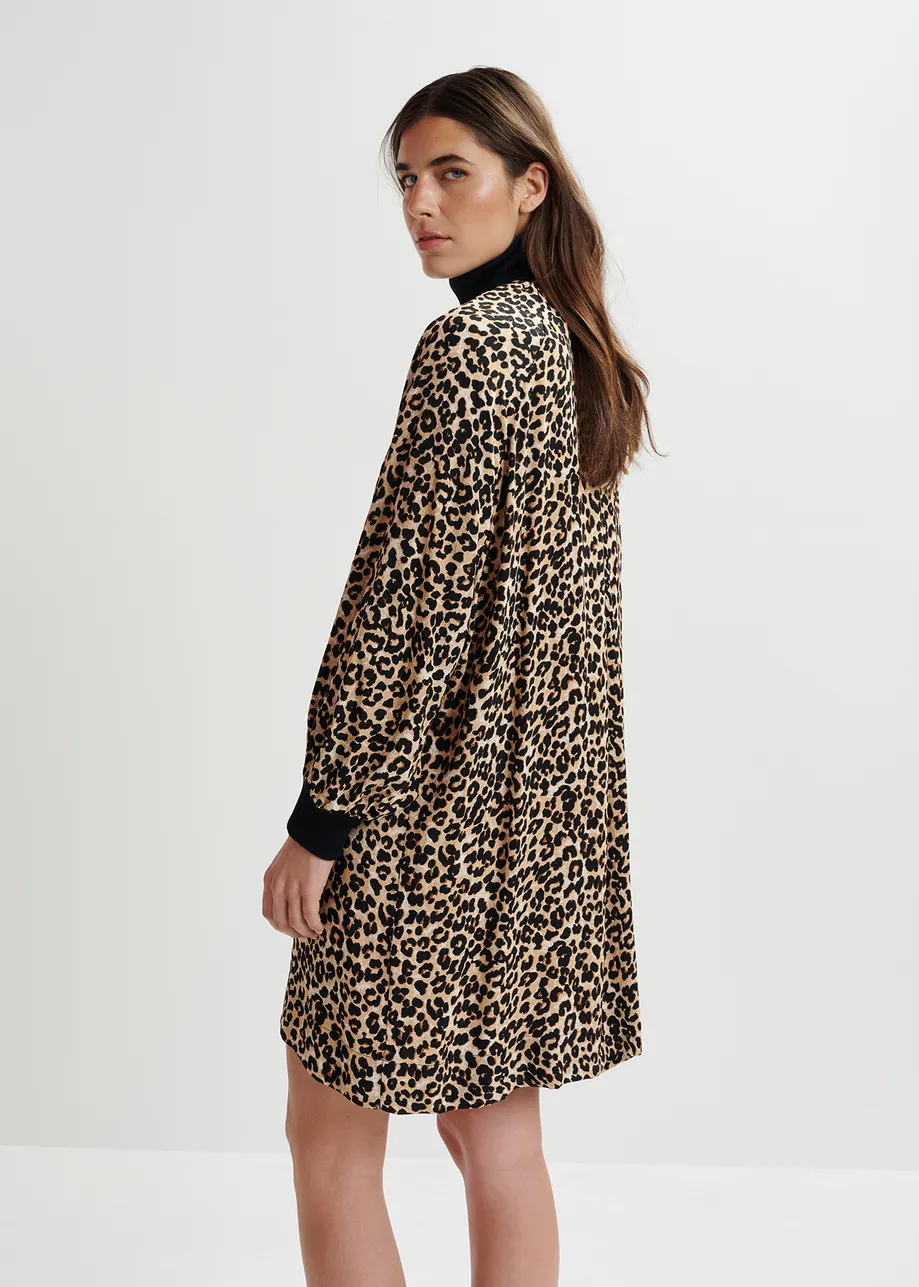 Brown leopard-print mini dress with rib-knitted trims