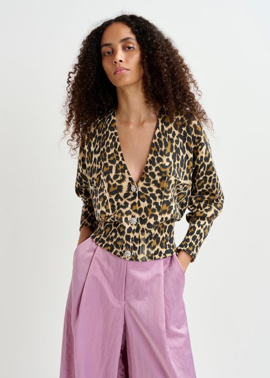 Cardigan con scollo a V in maglia jacquard leopardata marrone