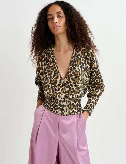 Chaqueta de punto jacquard de leopardo con cuello en V, marrón