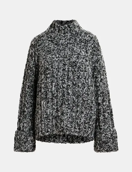 Pull à col roulé en tricot mêlé noir et écru