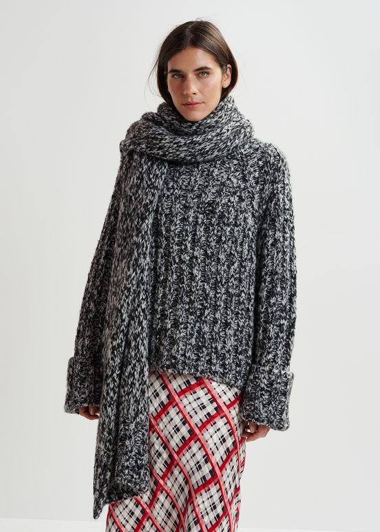 Pull à col roulé en tricot mêlé noir et écru