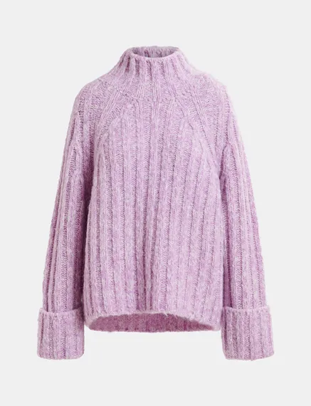 Pull à col roulé en tricot mêlé mauve et écru