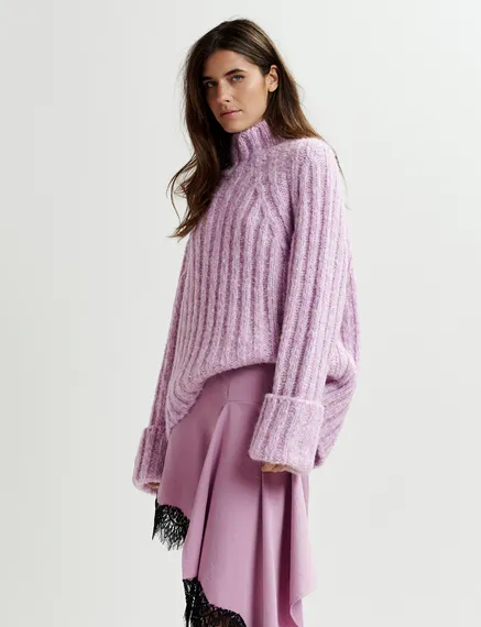 Mauve and ecru mélange knit sweater with turtleneck