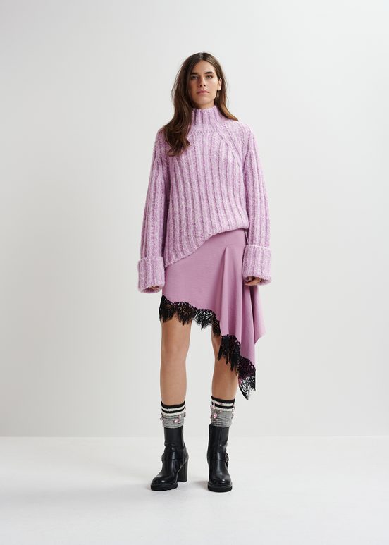 Mauve and ecru mélange knit sweater with turtleneck