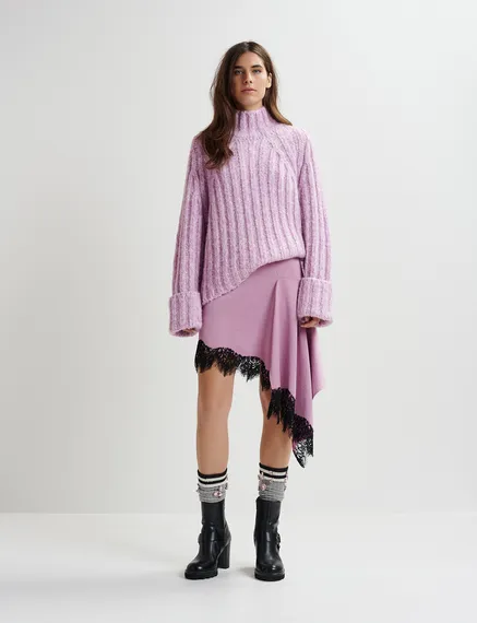 Pull à col roulé en tricot mêlé mauve et écru