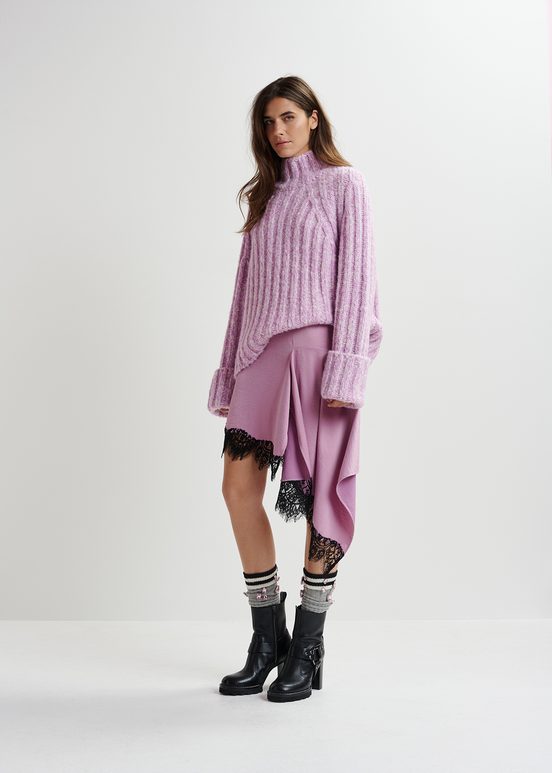 Mauve and ecru mélange knit sweater with turtleneck