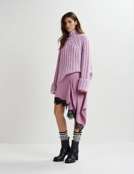 Pull à col roulé en tricot mêlé mauve et écru