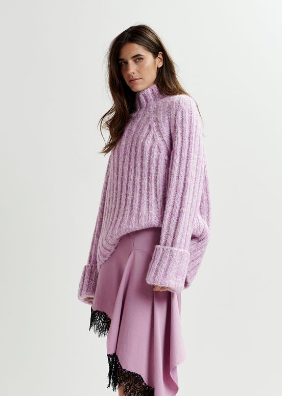 Pull à col roulé en tricot mêlé mauve et écru