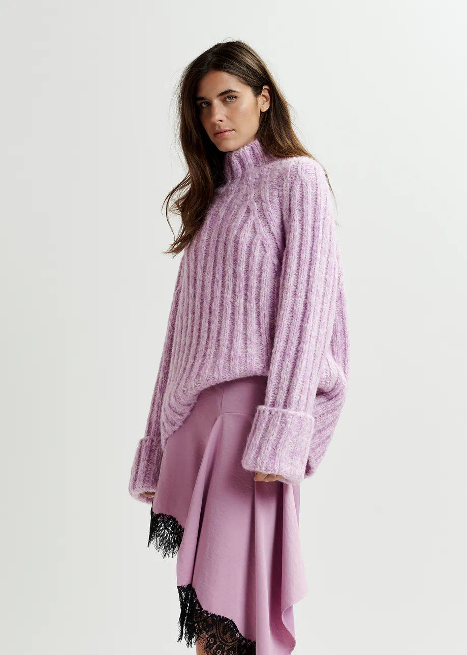 Mauve and ecru mélange knit sweater with turtleneck