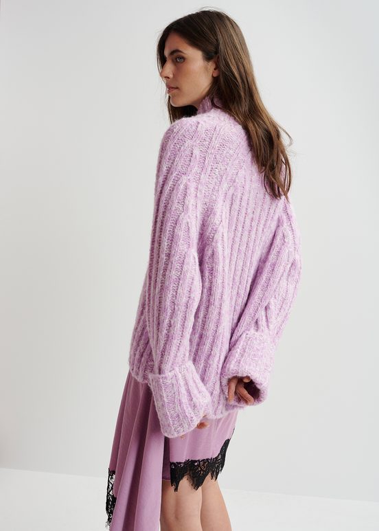 Mauve and ecru mélange knit sweater with turtleneck