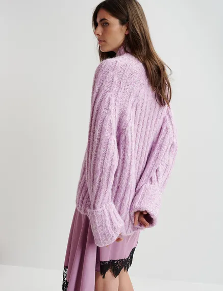 Mauve and ecru mélange knit sweater with turtleneck