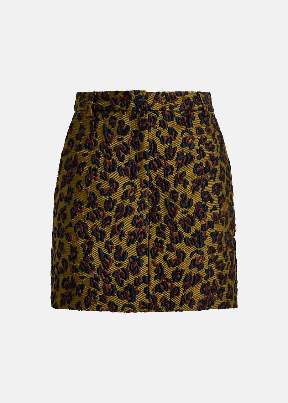 Khaki, brown and black leopard-jacquard mini skirt