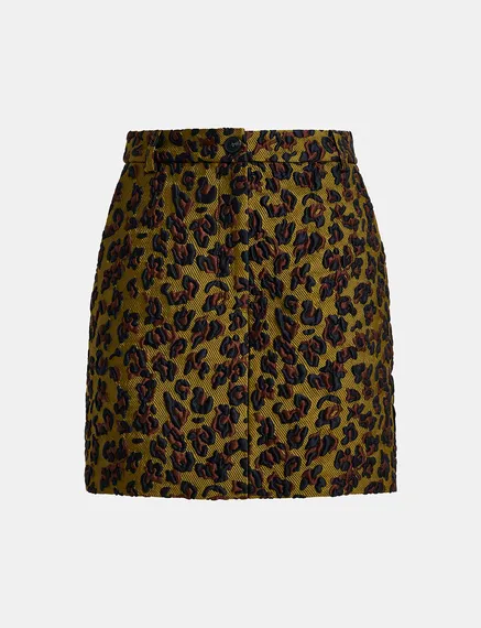 Khaki, brown and black leopard-jacquard mini skirt