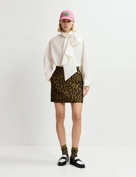 Khaki, brown and black leopard-jacquard mini skirt