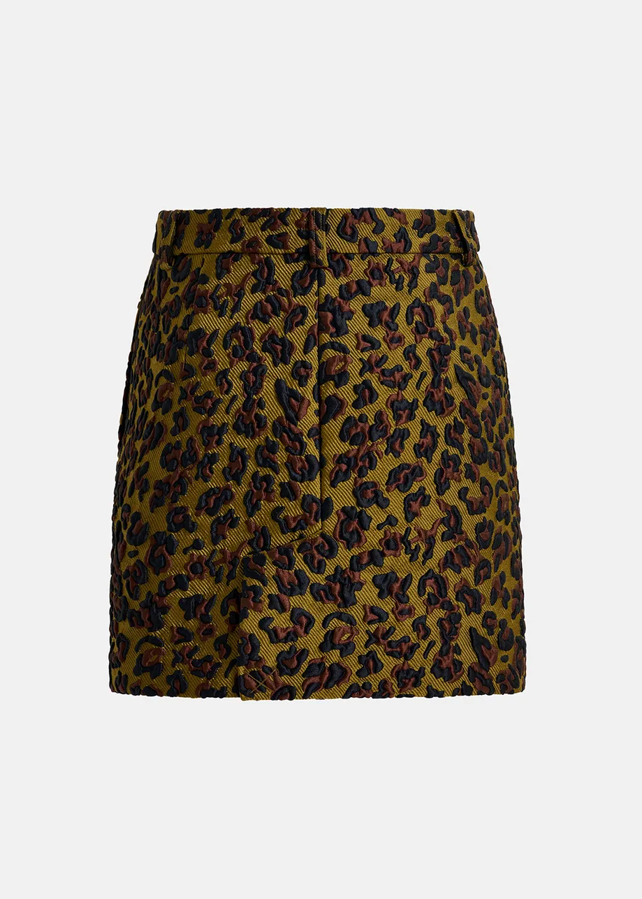 Khaki, brown and black leopard-jacquard mini skirt