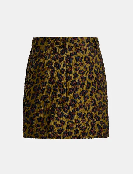 Khaki, brown and black leopard-jacquard mini skirt