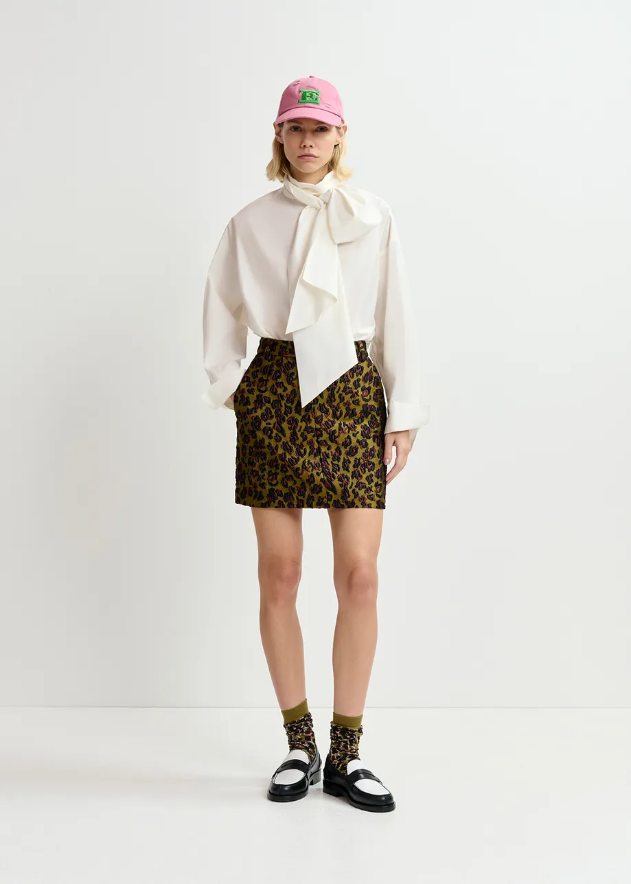 Khaki, brown and black leopard-jacquard mini skirt