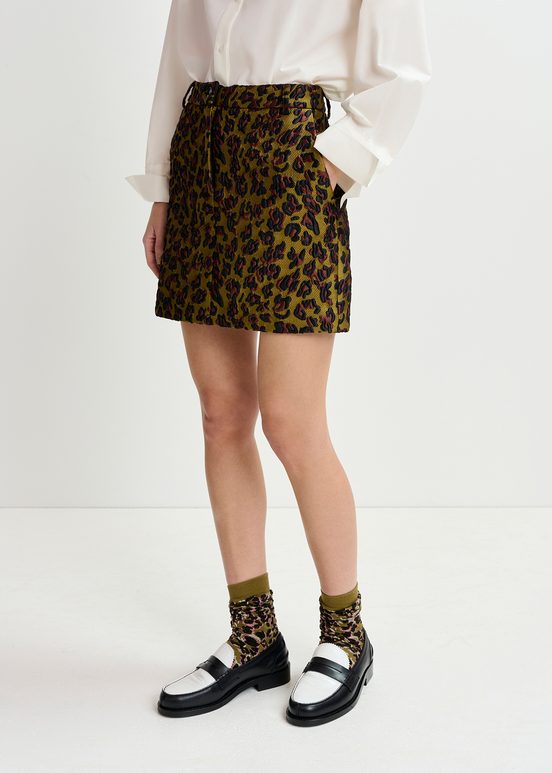 Khaki, brown and black leopard-jacquard mini skirt