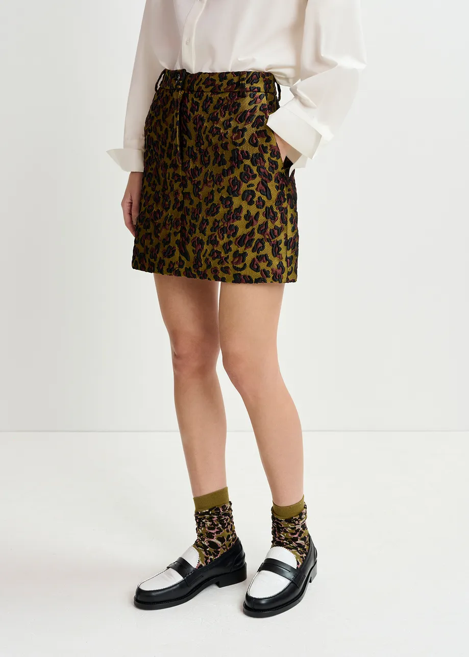 Khaki, brown and black leopard-jacquard mini skirt