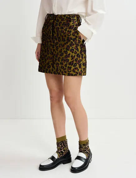 Khaki, brown and black leopard-jacquard mini skirt