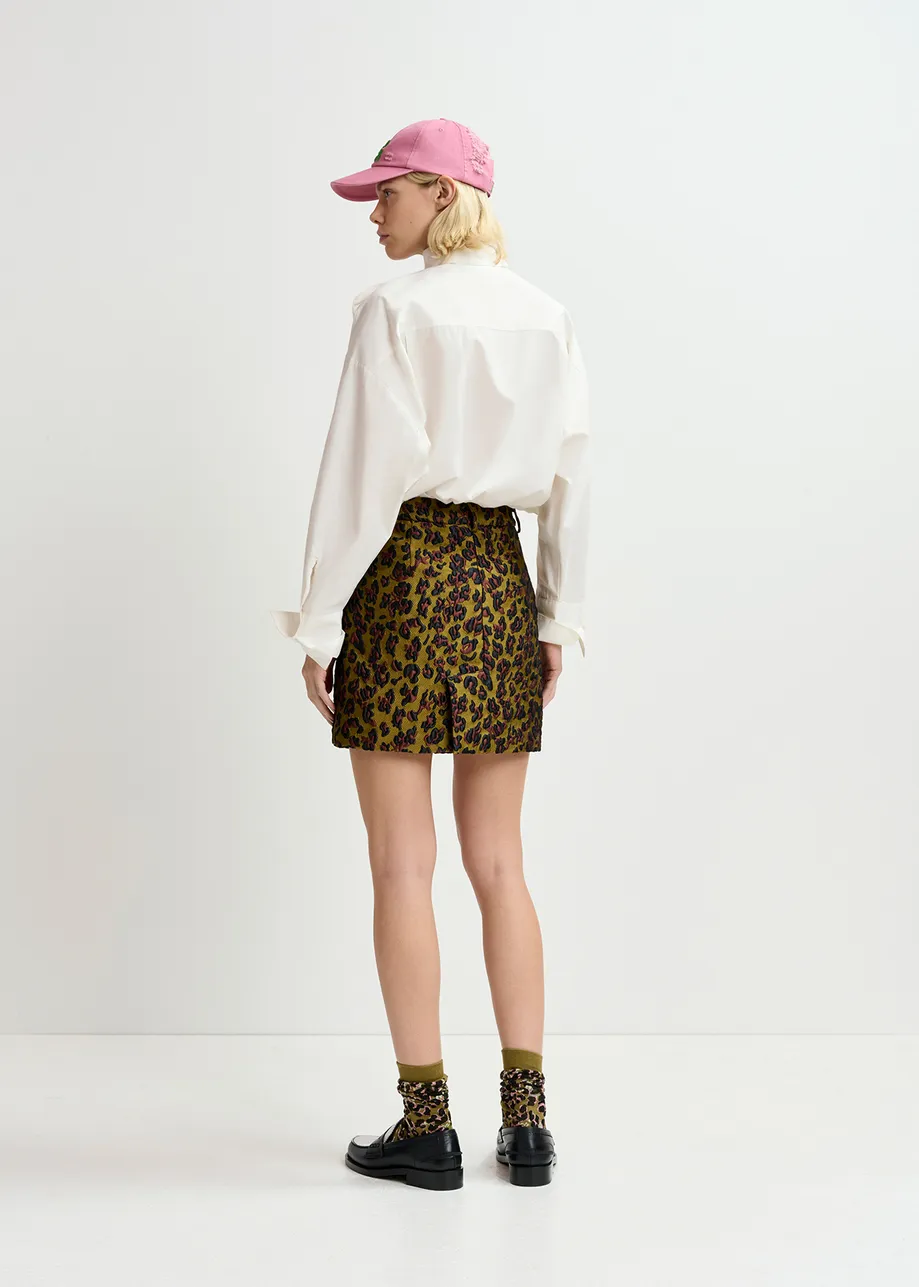 Khaki, brown and black leopard-jacquard mini skirt