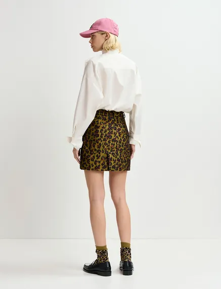 Khaki, brown and black leopard-jacquard mini skirt