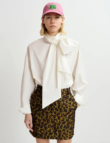 Khaki, brown and black leopard-jacquard mini skirt