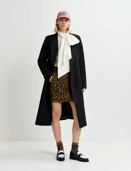 Khaki, brown and black leopard-jacquard mini skirt