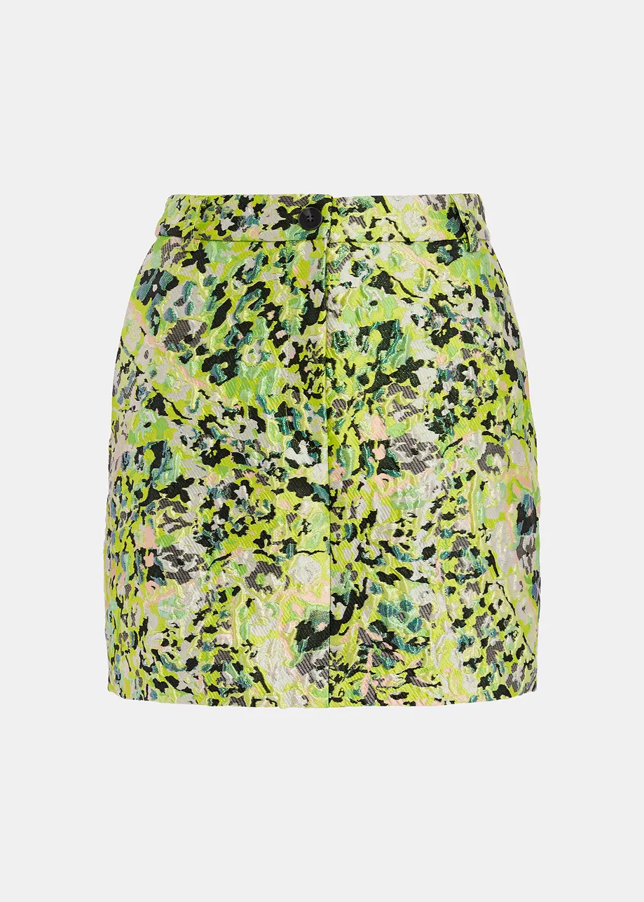 Lime green, green and black floral-jacquard mini skirt