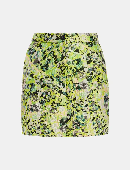 Lime green, green and black floral-jacquard mini skirt