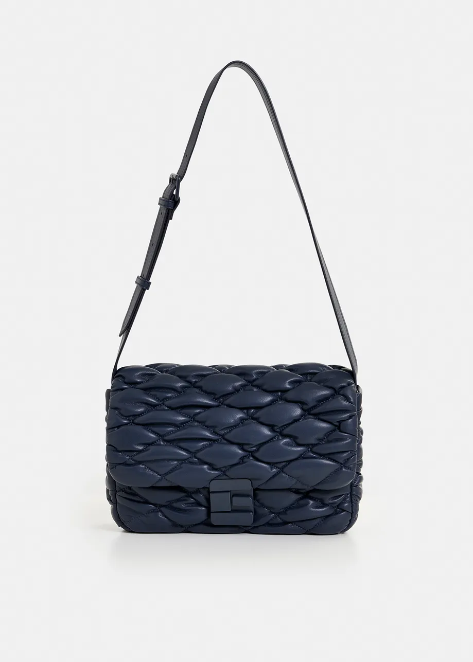 Navy blue faux leather quilted shoulder bag