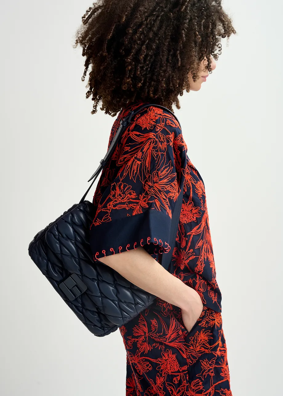 Navy blue faux leather quilted shoulder bag