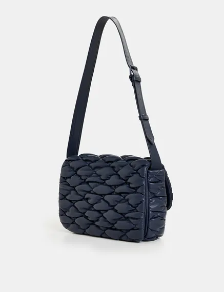 Navy blue faux leather quilted shoulder bag