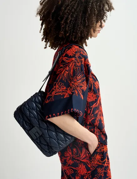 Navy blue faux leather quilted shoulder bag