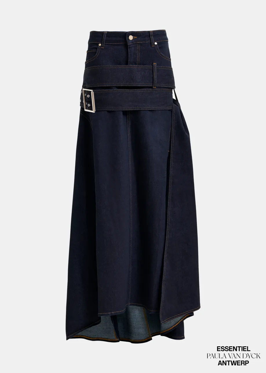 Dark blue asymmetrical midi skirt with buckle fastening