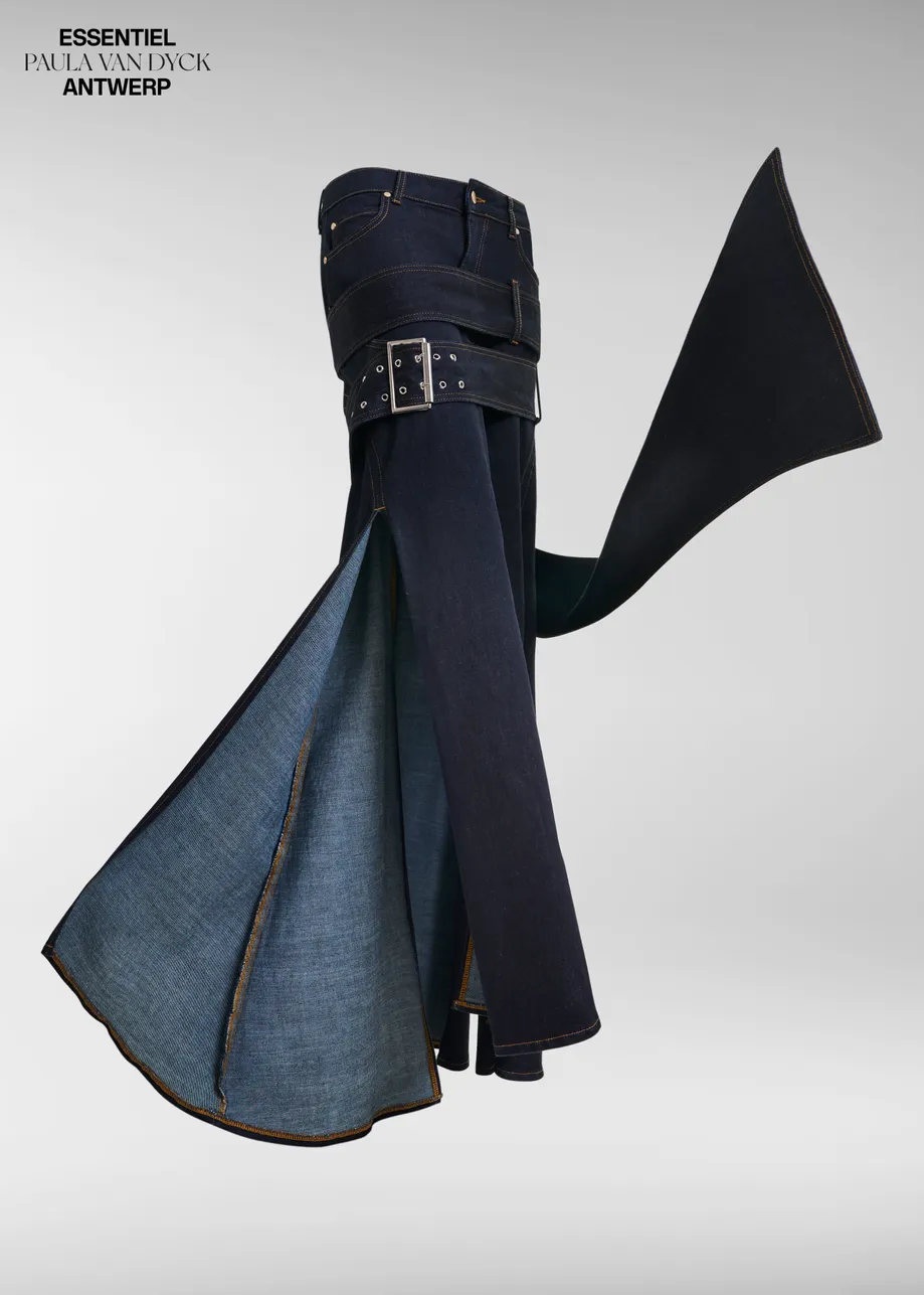 Dark blue asymmetrical midi skirt with buckle fastening