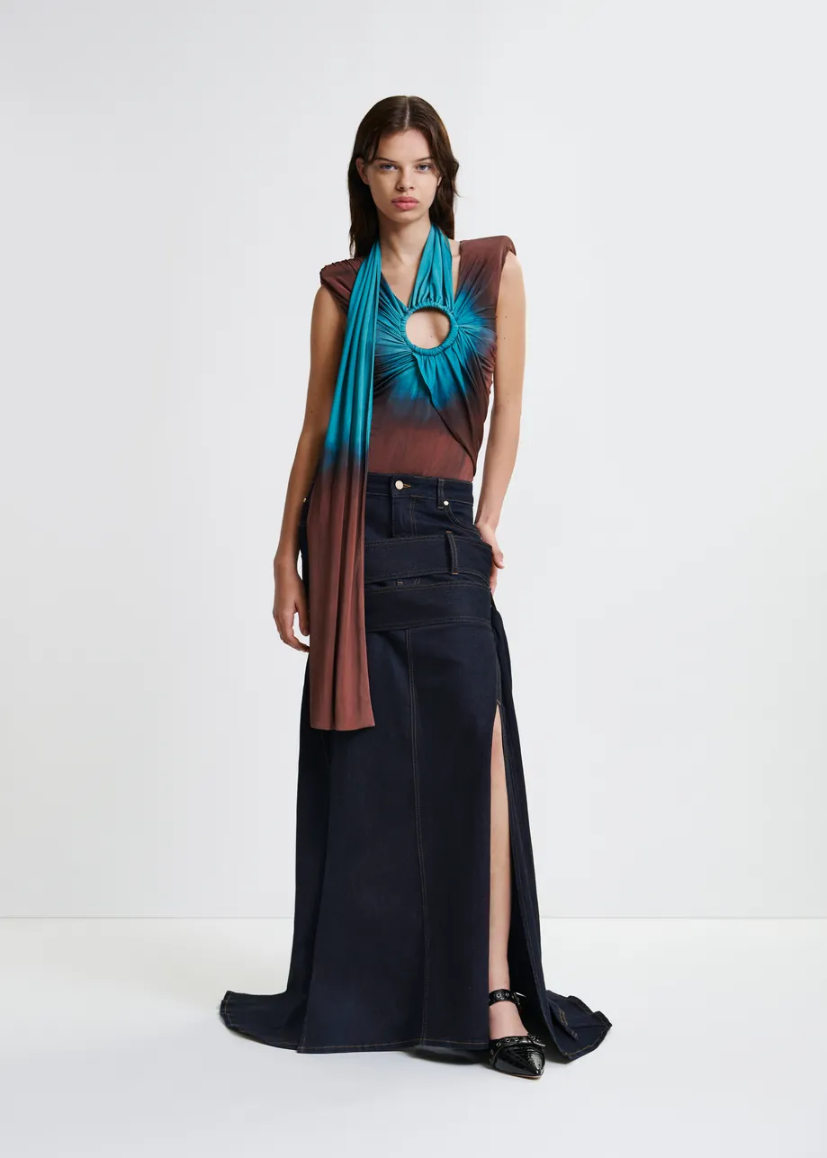 Donkerblauwe asymmetrische midirok met gespsluiting