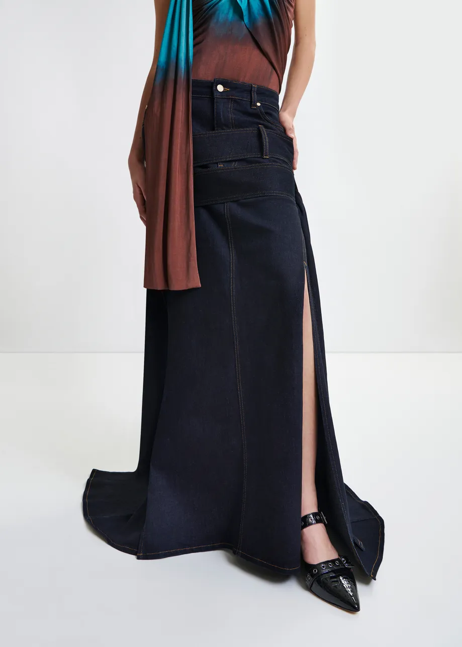 Dark blue asymmetrical midi skirt with buckle fastening