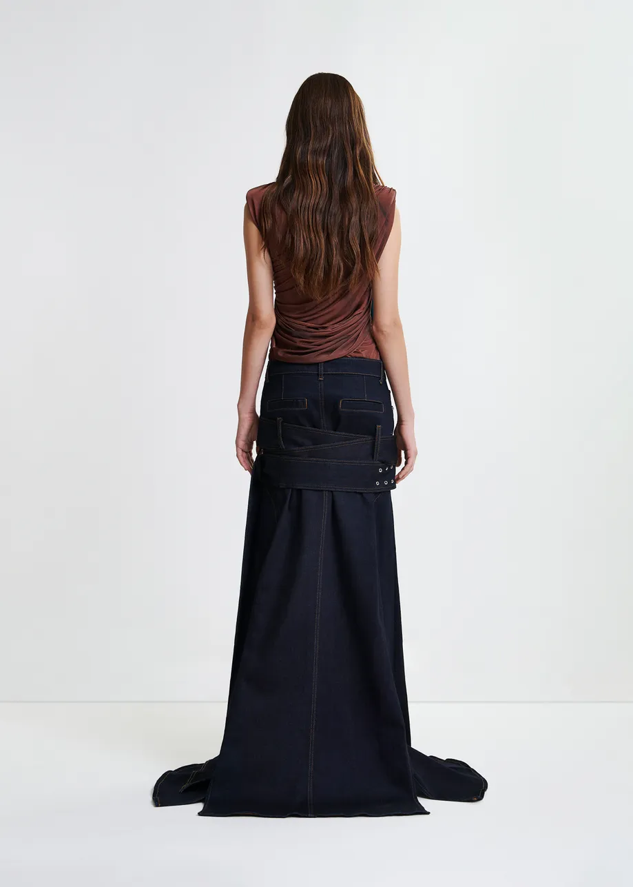 Donkerblauwe asymmetrische midirok met gespsluiting