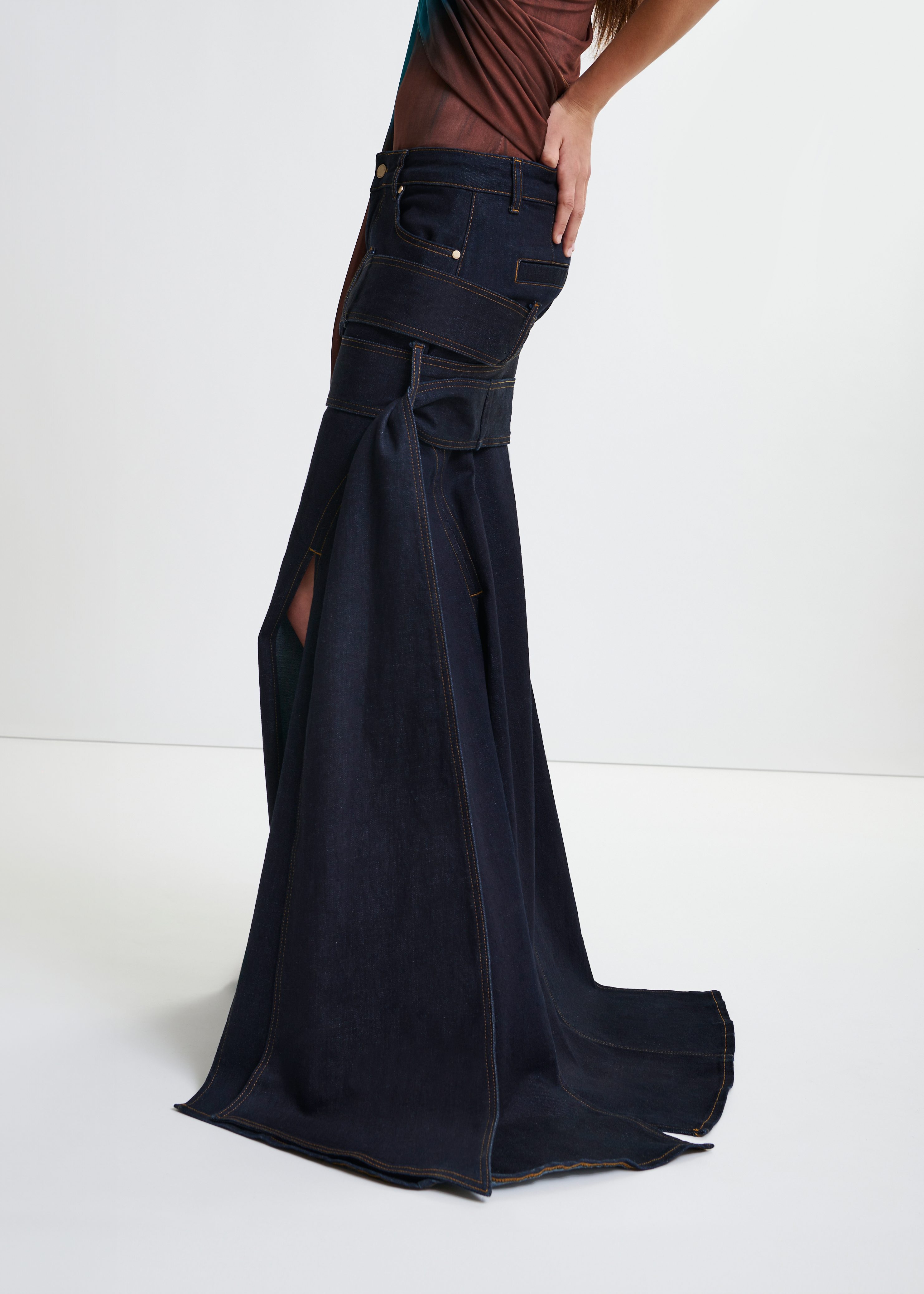 Dark blue asymmetrical midi skirt with buckle fastening