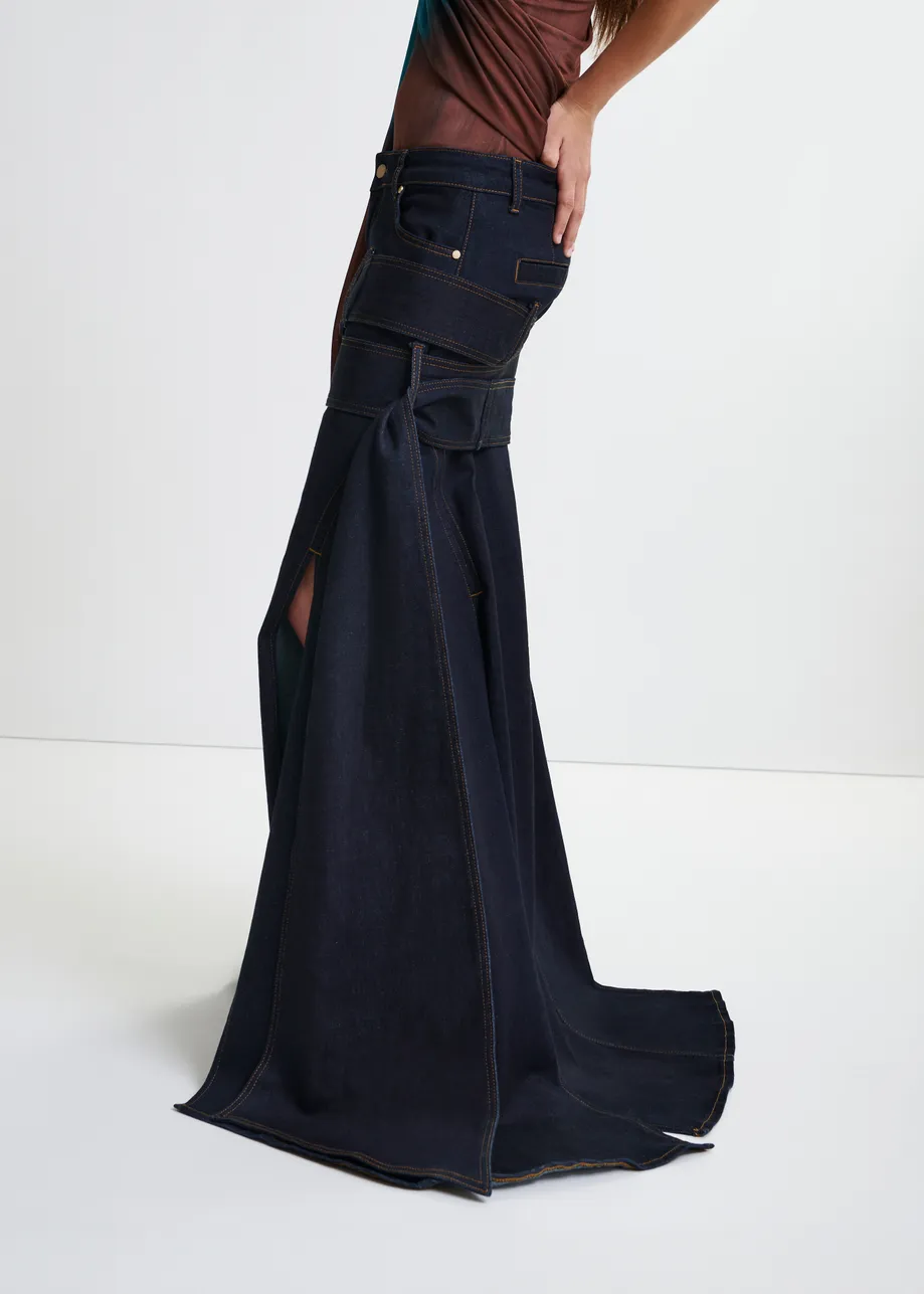 Dark blue asymmetrical midi skirt with buckle fastening