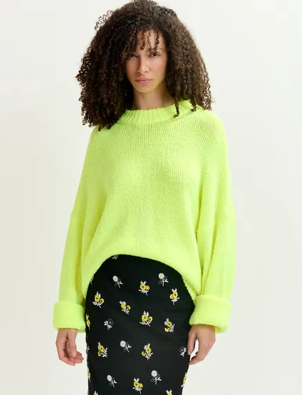 Pull en gros tricot jaune fluo