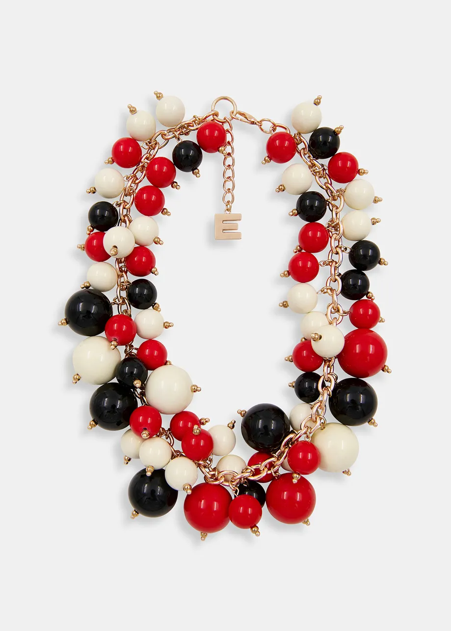 Red, off-white and black sphere-strung chain necklace