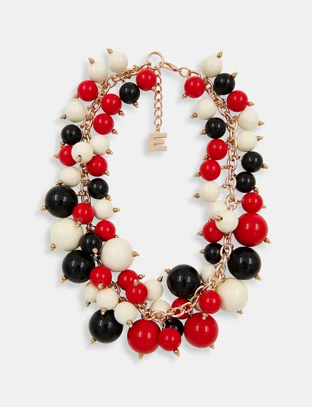 Collana a catenina con sfere rosse, bianco sporco e nere