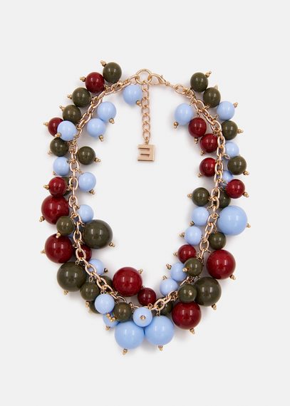 Blue, burgundy and khaki sphere-strung chain necklace