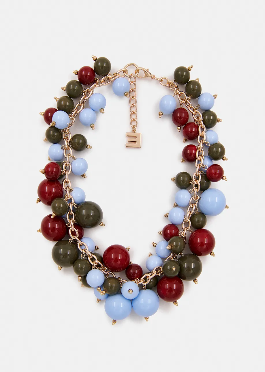 Collier en perles bleu, bordeaux et kaki