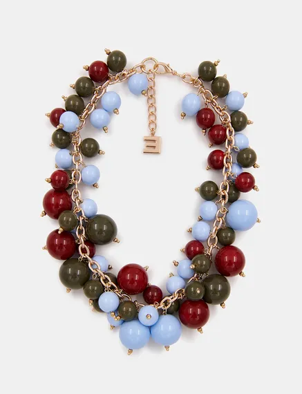 Collier en perles bleu, bordeaux et kaki