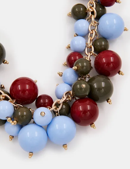 Collier en perles bleu, bordeaux et kaki