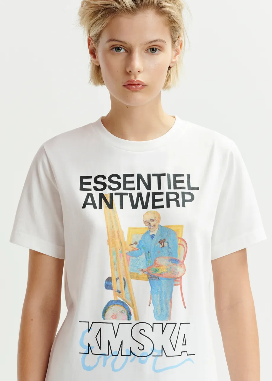 T-shirt 'Le squelette peintre' en coton bio écru - collaboration avec le KMSKA