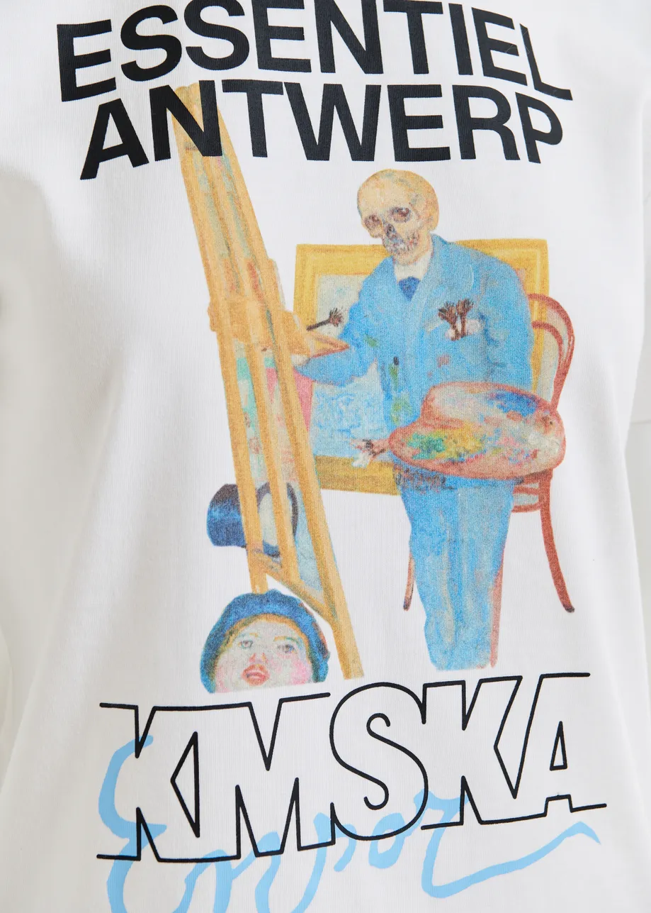 Ecru organic cotton-jersey 'Skeleton Painter' T-shirt - collaboration with KMSKA